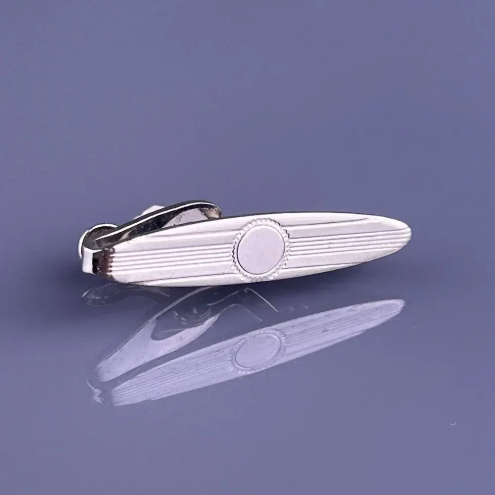 Small Stripes Lines Tie Clip Bar Silver Tone Simple Oval Vintage